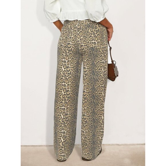 Women's Stretchy Leopard Print Baggy Jeans High Waist Straight Leg Pants - Picture 3 of 6